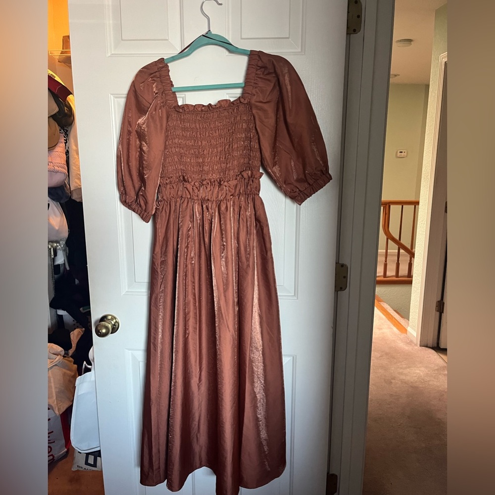 Moon River Rust Brown Maxi Dress with Puff Sleeves